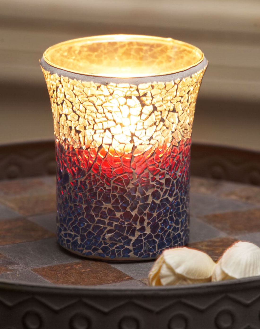 希腊海洋欧式手工马赛克玻璃烛台三件套