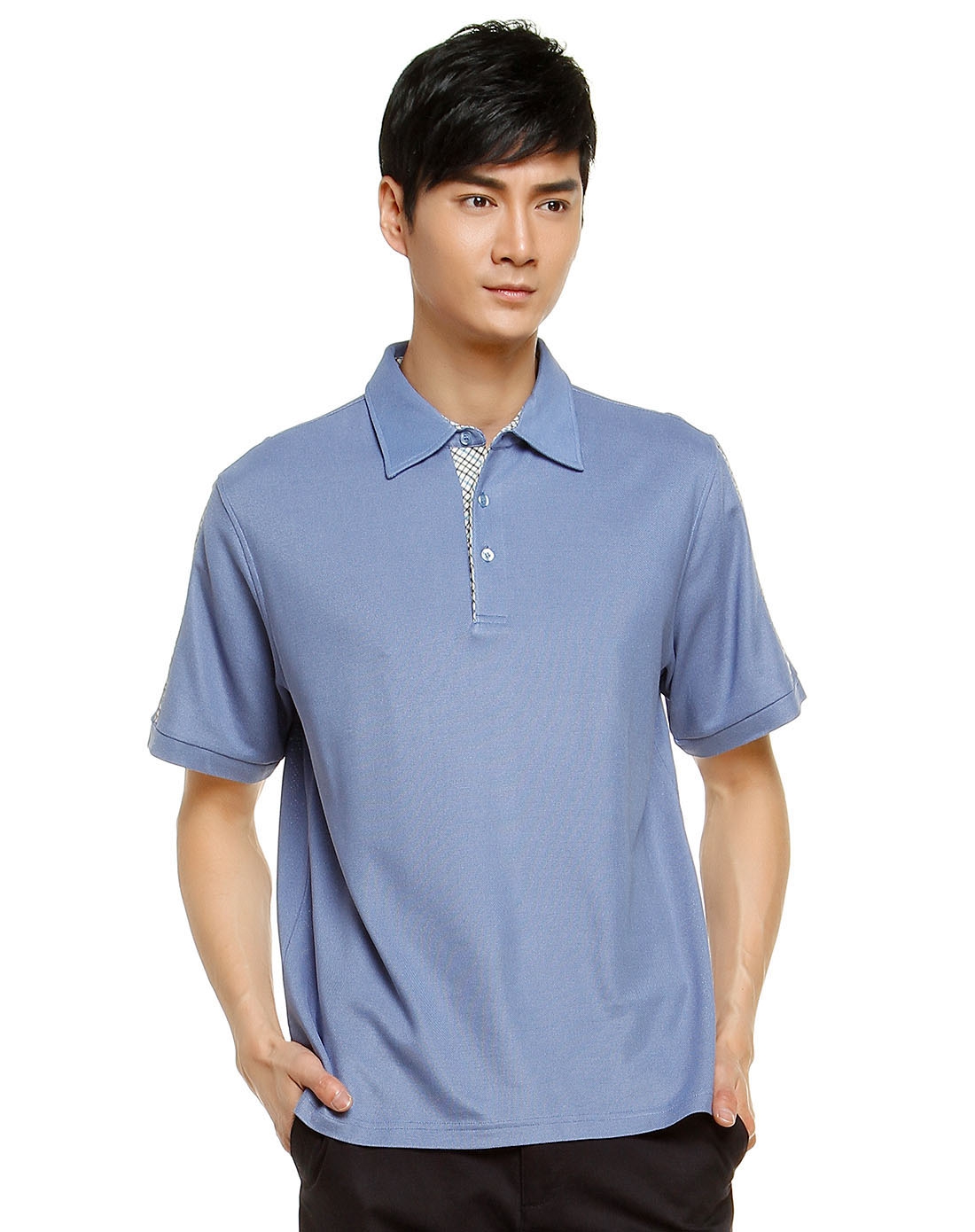 衬衫领蓝色短袖polo衫