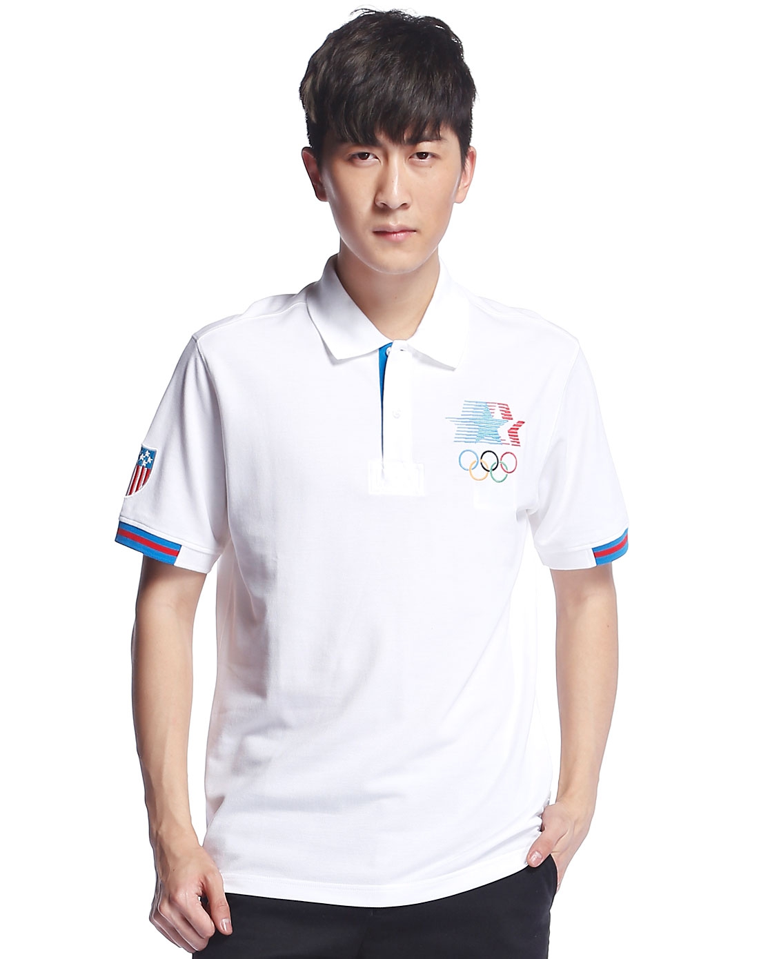 安踏anta活力男女运动专场奥运五环配饰男款白色短袖polo衫15220116-1