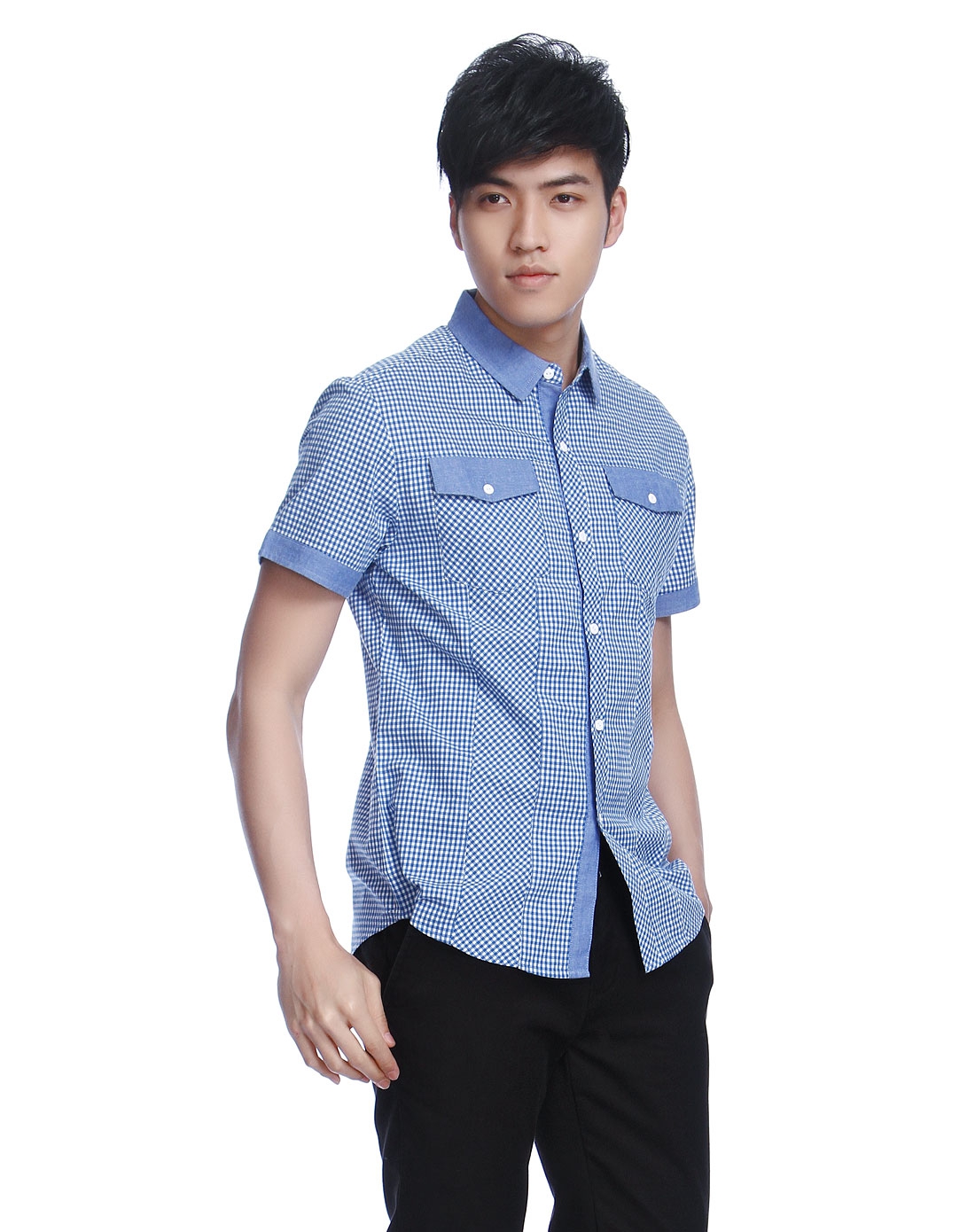 鸿星尔克erke男女装混合专场-纯棉格子校园系列男款宝石蓝色短袖衬衫
