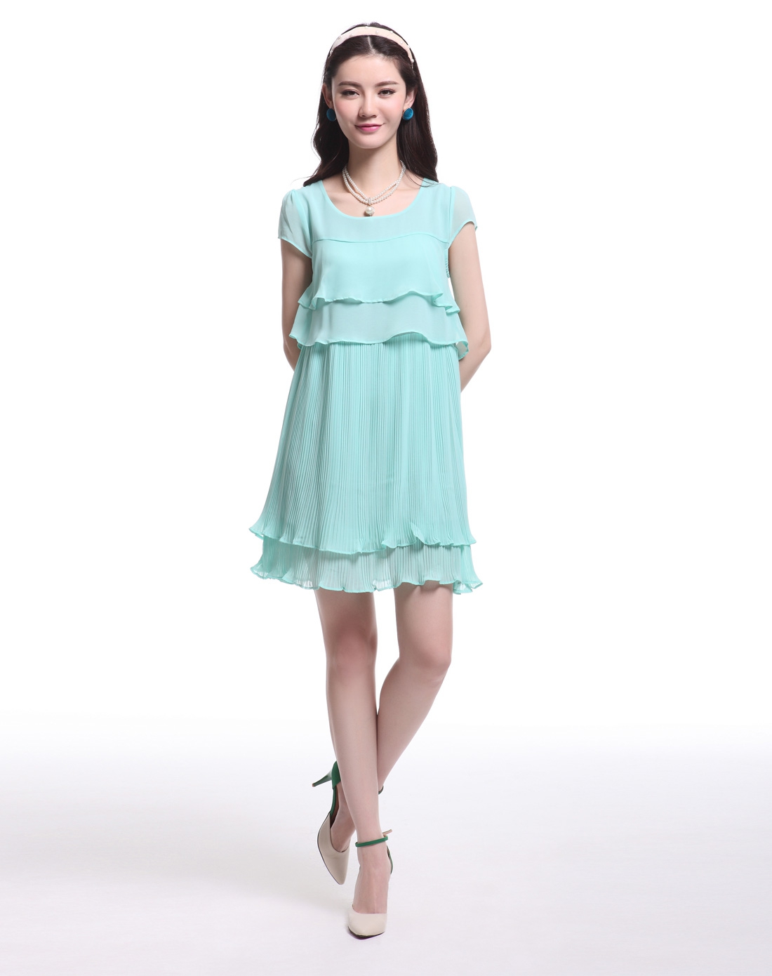 蓝绿色淑女拼接百褶短袖连衣裙