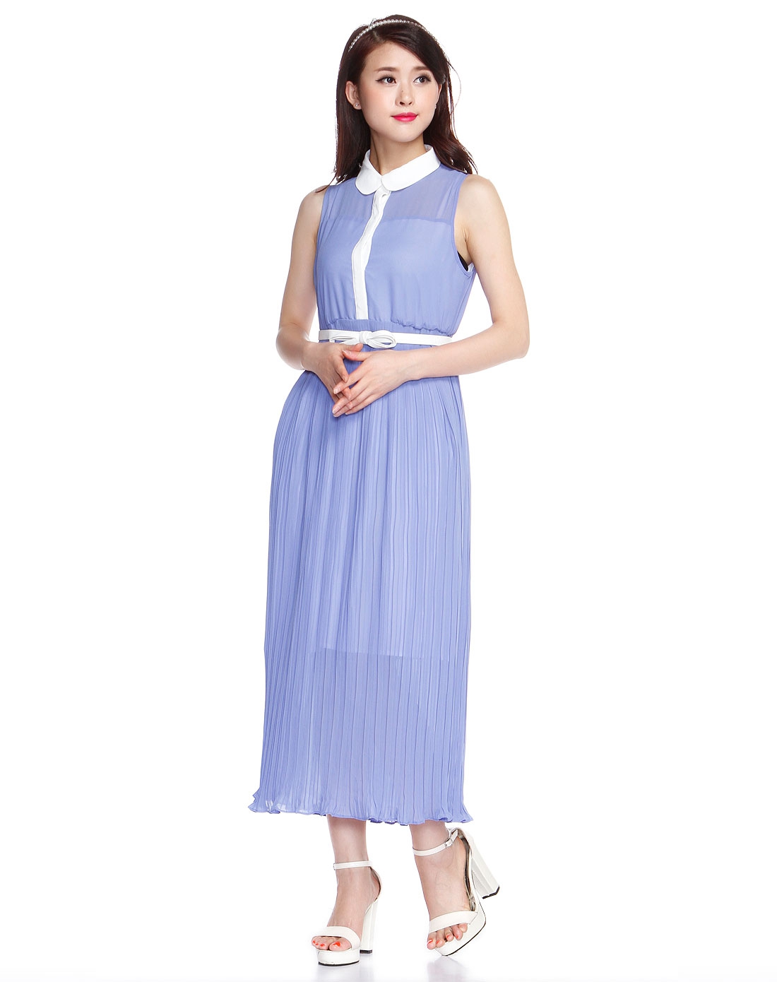 女款蓝色薄纱立领时尚连衣裙