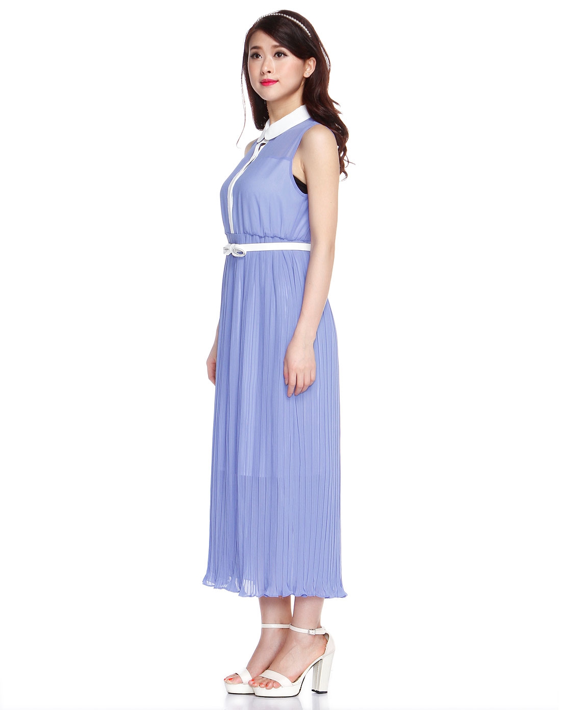 女款蓝色薄纱立领时尚连衣裙