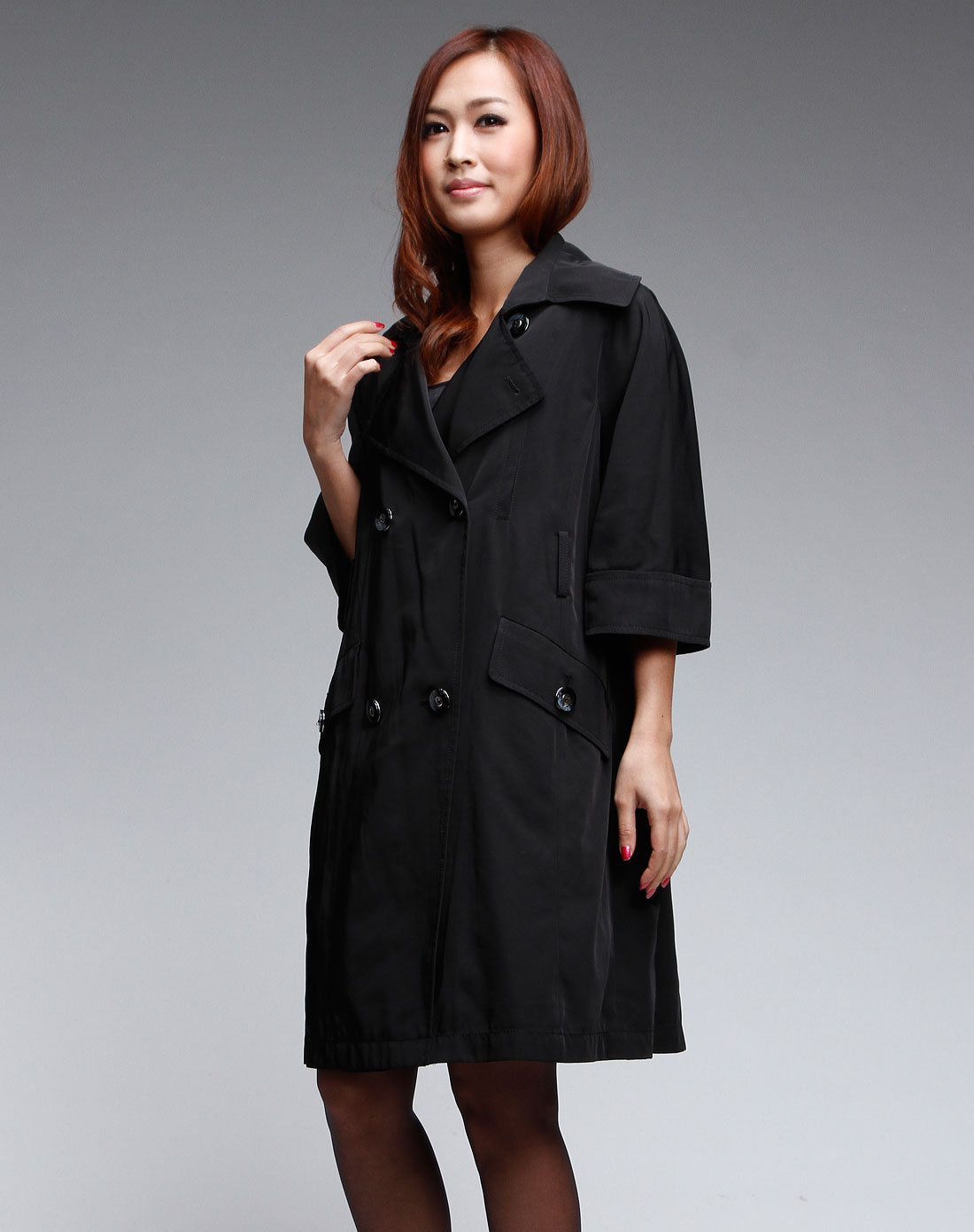 斯尔丽sierli.collection女装专场-黑色双排扣时尚中袖风衣