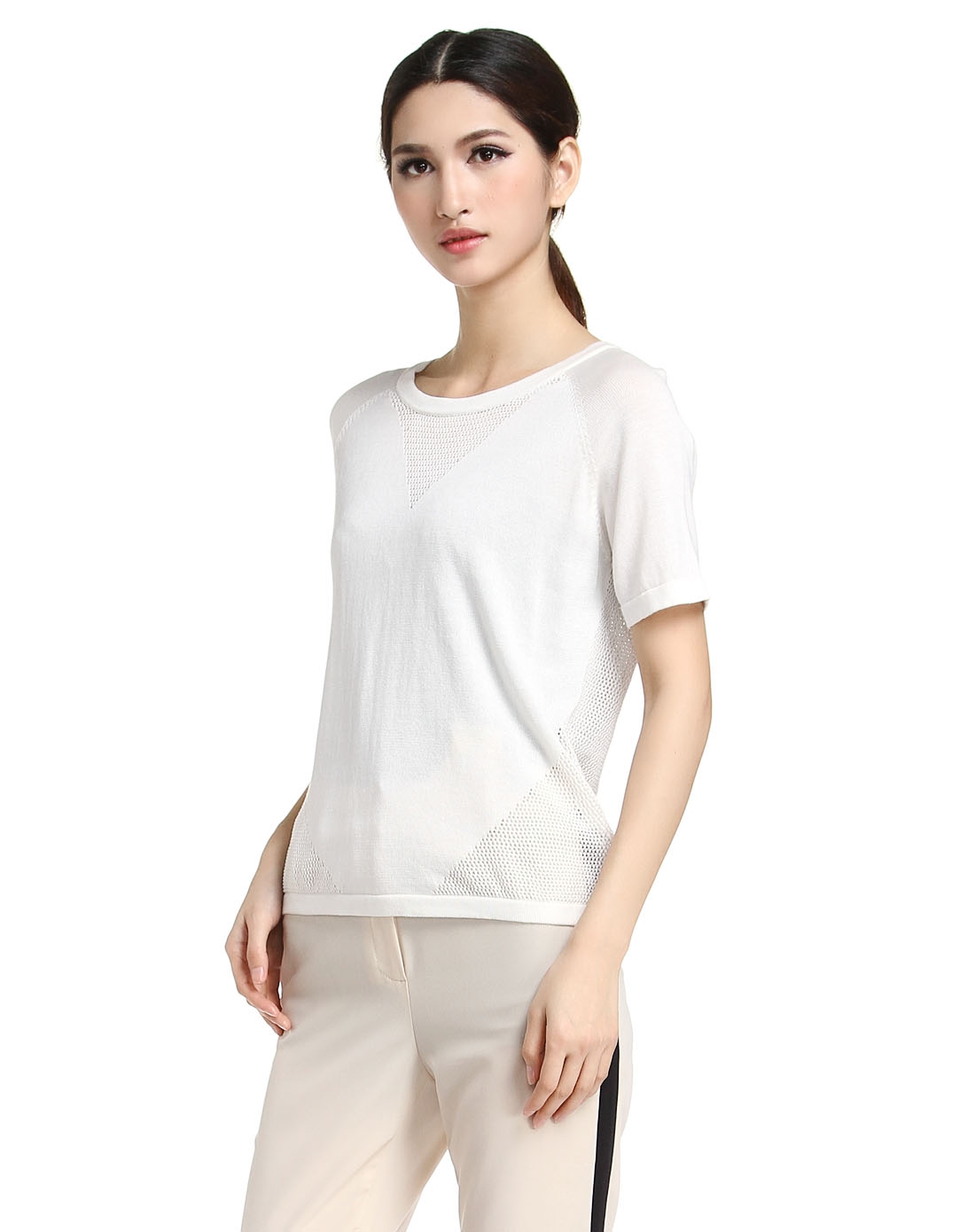 souad 白色圆领领口下摆镂空短袖针织衫