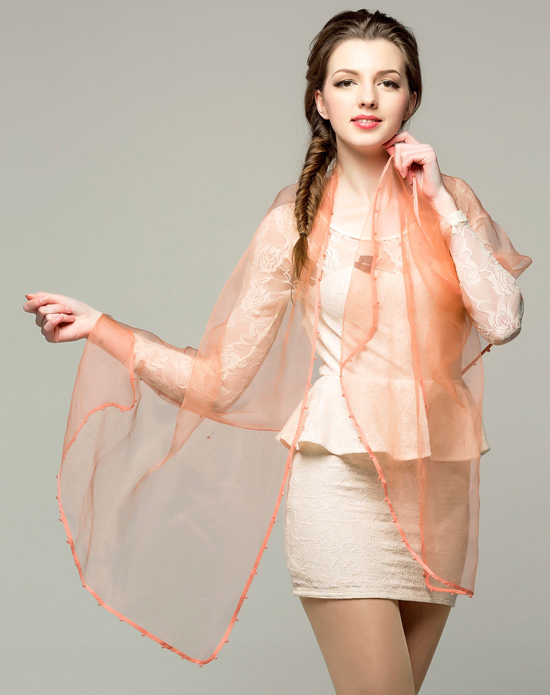 秋款真丝欧根纱透明西瓜红色丝巾