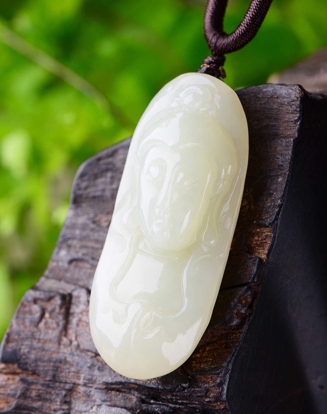 男款乳白色和田玉保平安观音项链附证书