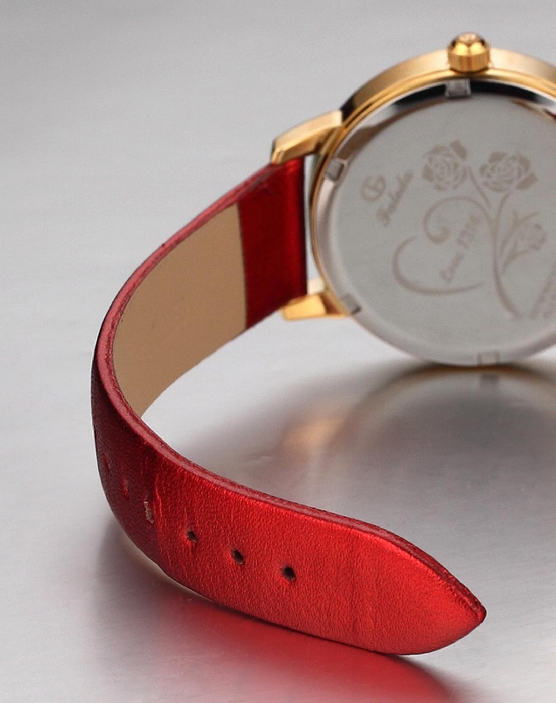 女士全金圈山茶花防水石英皮带表红色表带