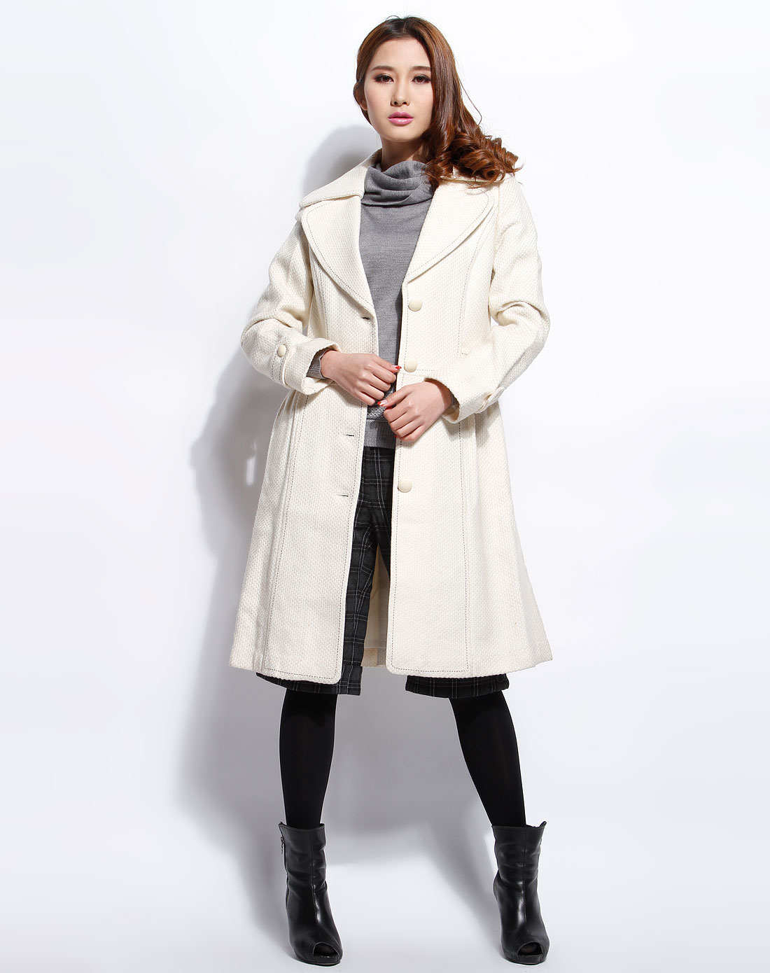 杰西jessie 女款米白色翻领休闲长袖长款外套