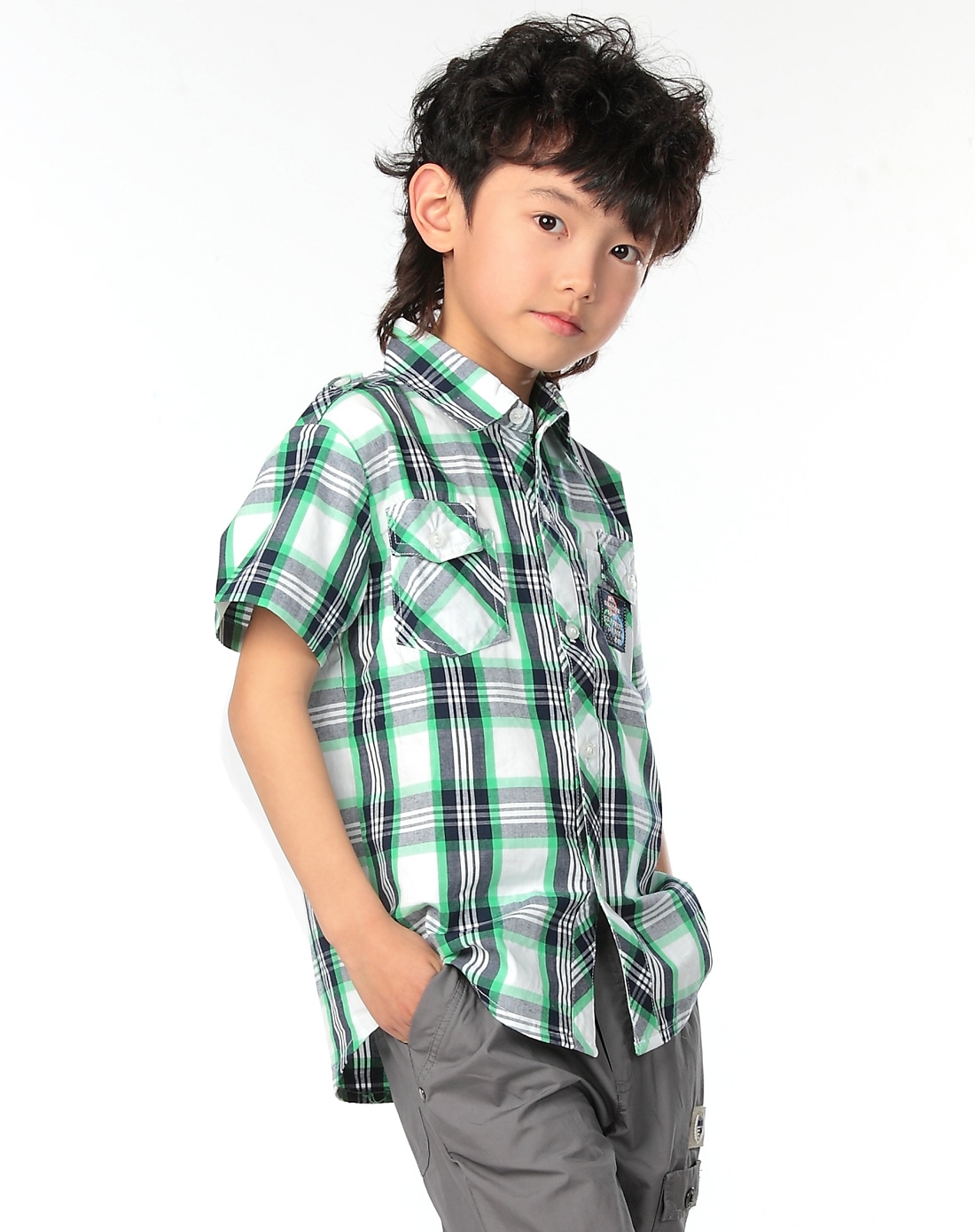 男中童青果绿格子布短袖衬衫
