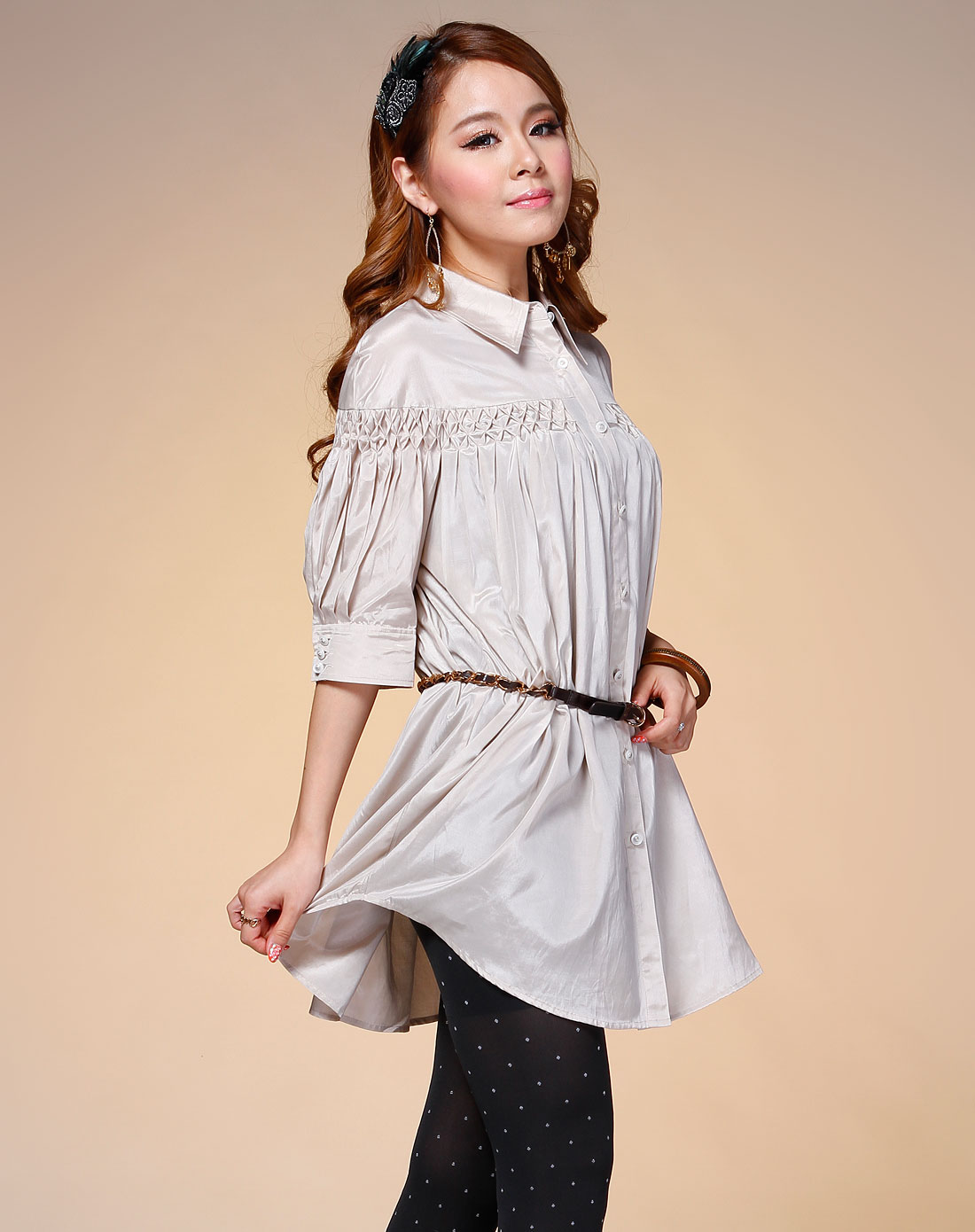 裴纳格benevoga女款米杏色休闲短袖衬衫b11230300405_唯品会