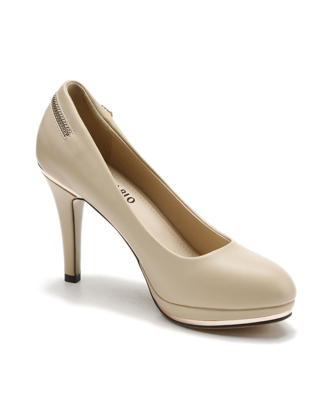 女款后拉链米色高跟鞋