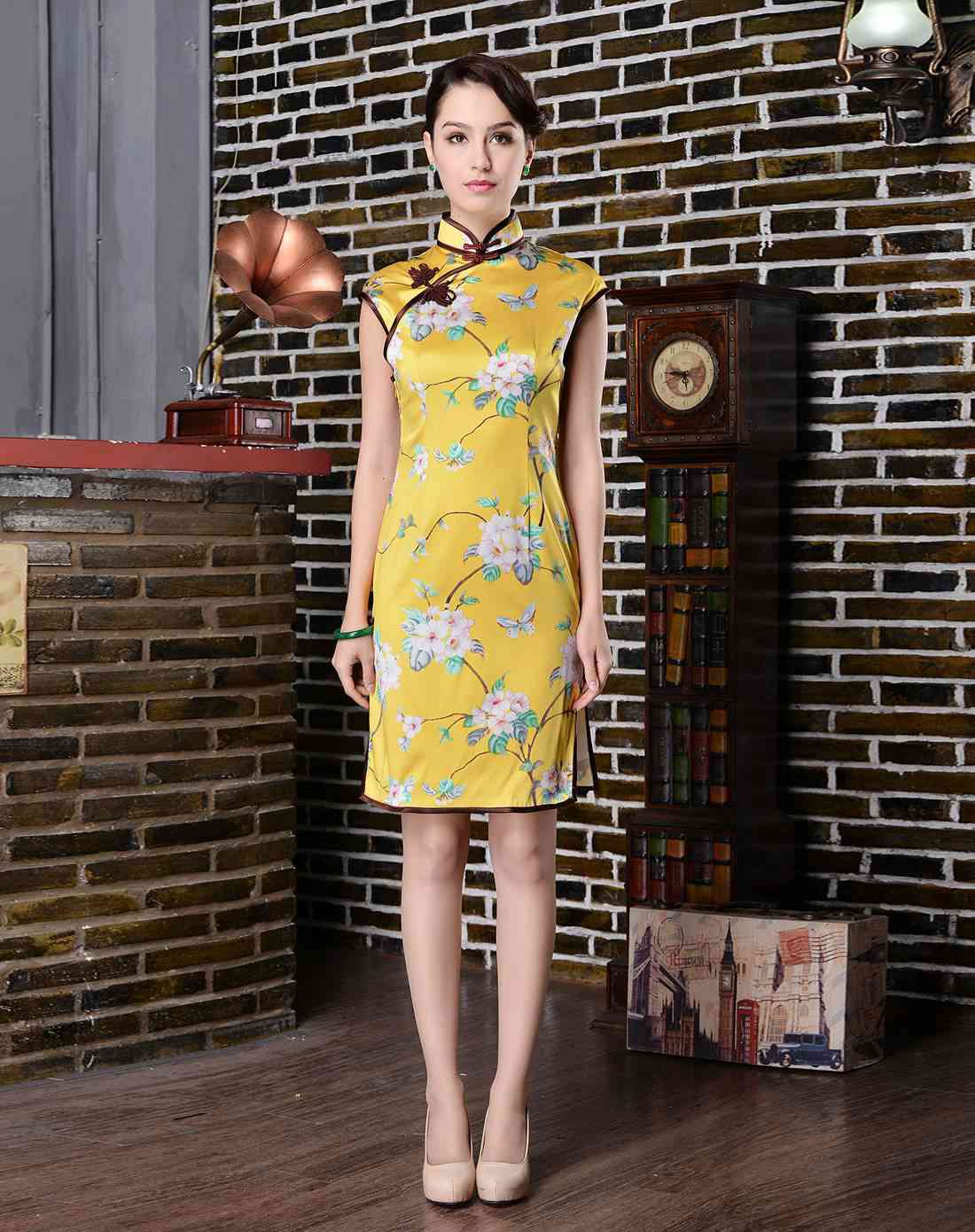 女款黄色优雅真丝无袖旗袍