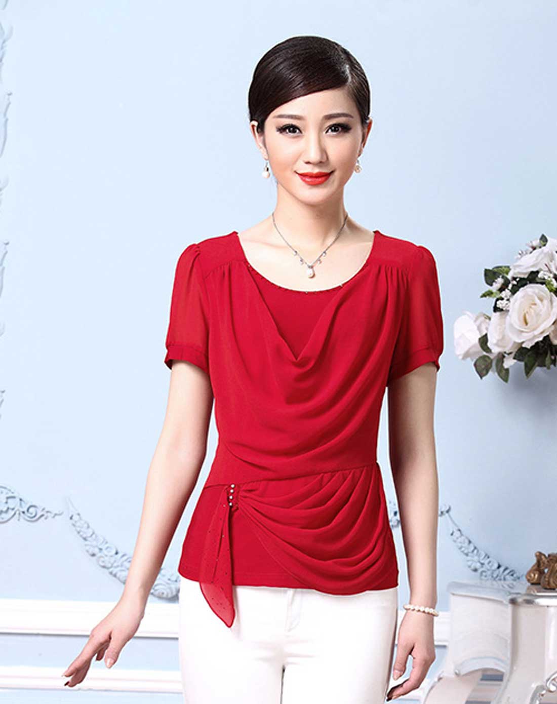 欧泰奇outaiqi大红色收腰皱褶圆领短袖上衣123703_唯品会