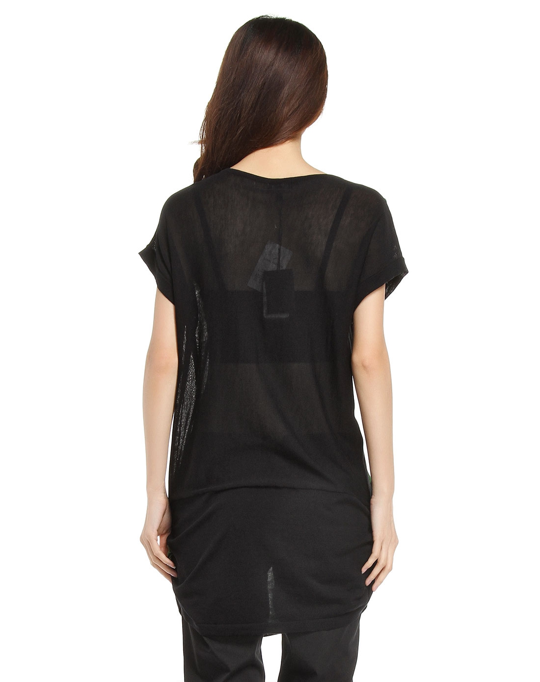 绿黑色条纹v领贴花双口袋短袖针织衫