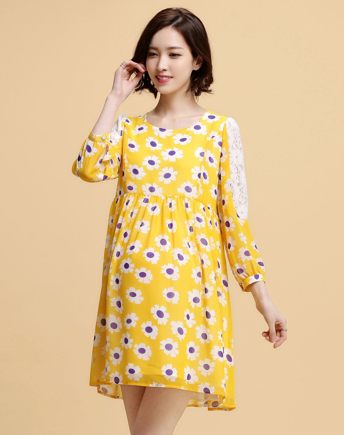 黄色孕妇连衣裙长袖春夏统穿薄雪纺裙
