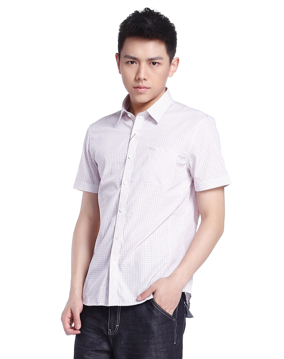 商务肌理格子白底深红色短袖衬衫