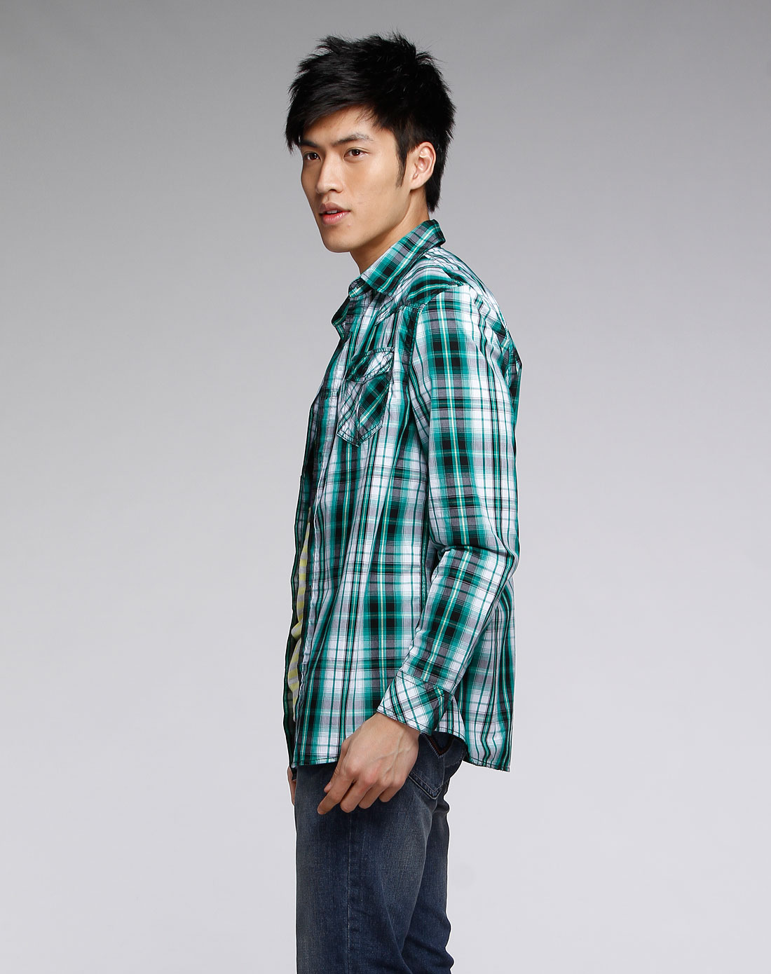 森马男装专场-绿/白色格子休闲长袖衬衫