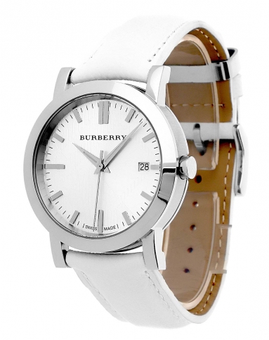 英伦经典白色真皮表带圆形休闲男腕表