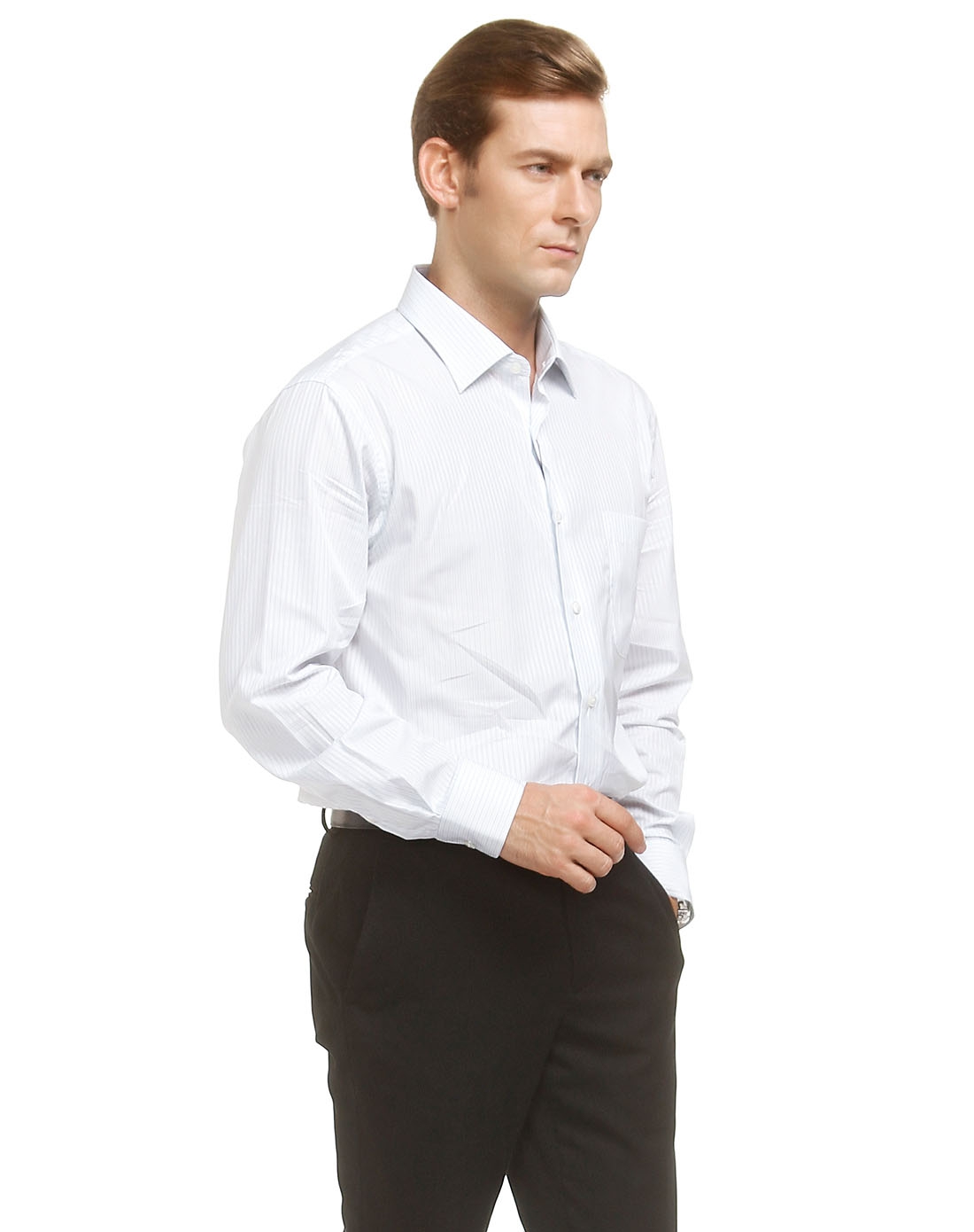 宾度j.benato 蓝/白色斯文商务长袖衬衫