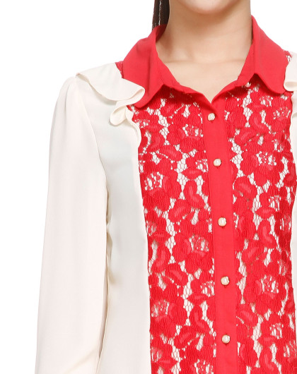 杏/红色蕾丝拼接百搭八分袖衬衫