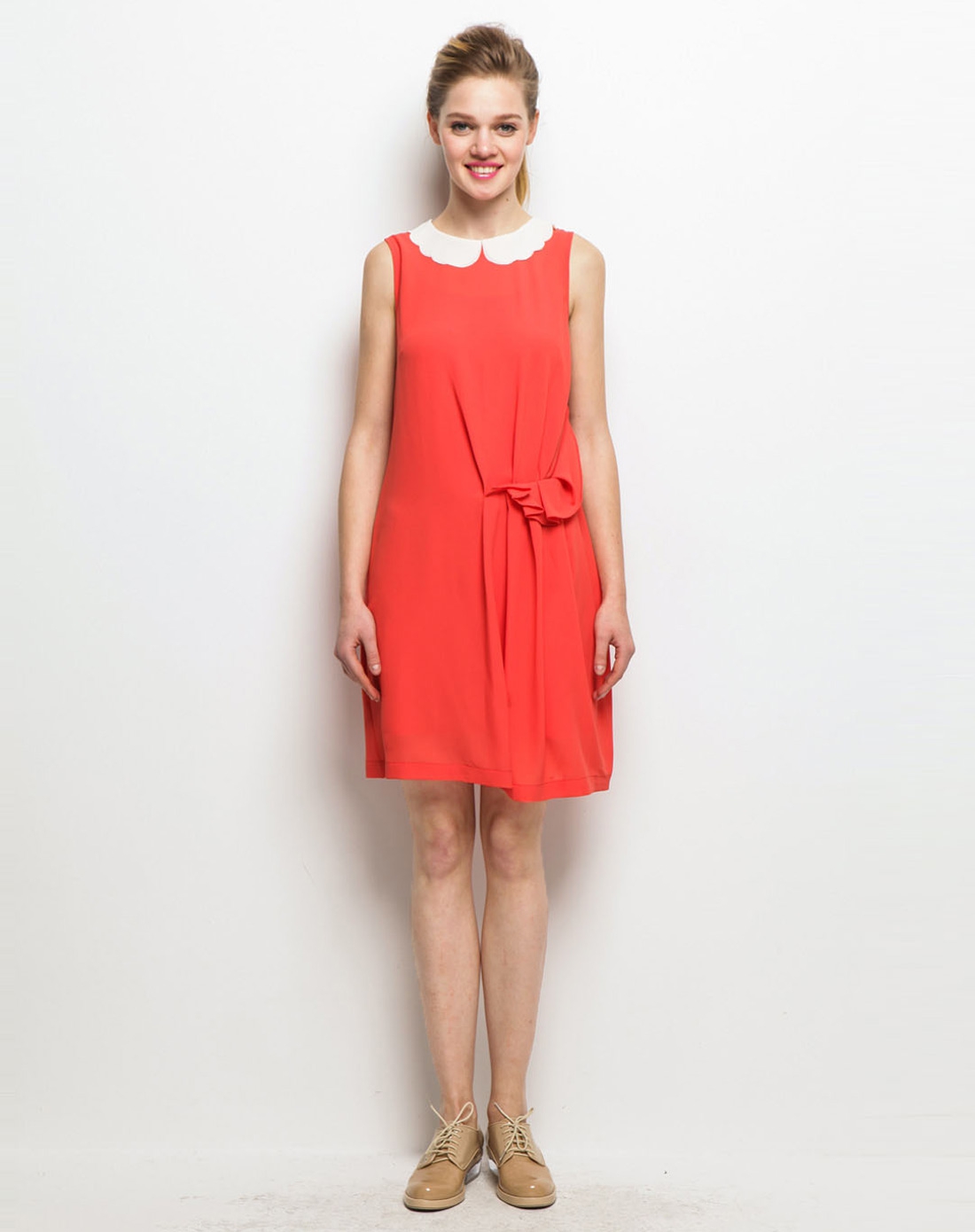 西瓜红无袖两件套激光切割立裁连衣裙