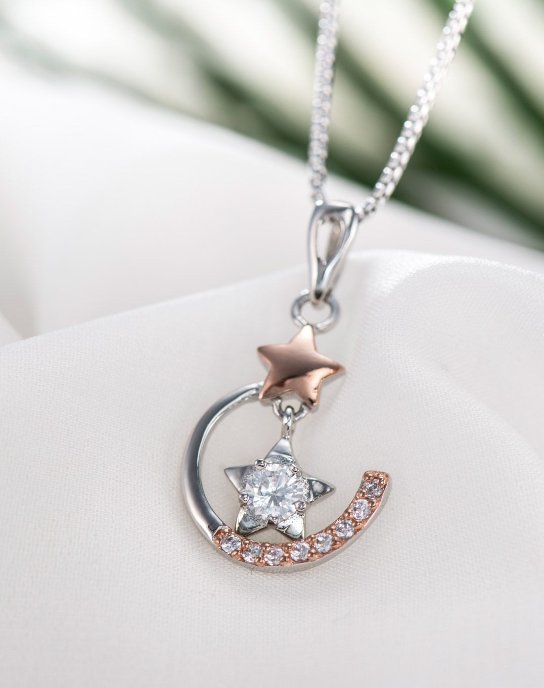 银时代 925纯银星星月亮纯银吊坠 双色吊坠 项链