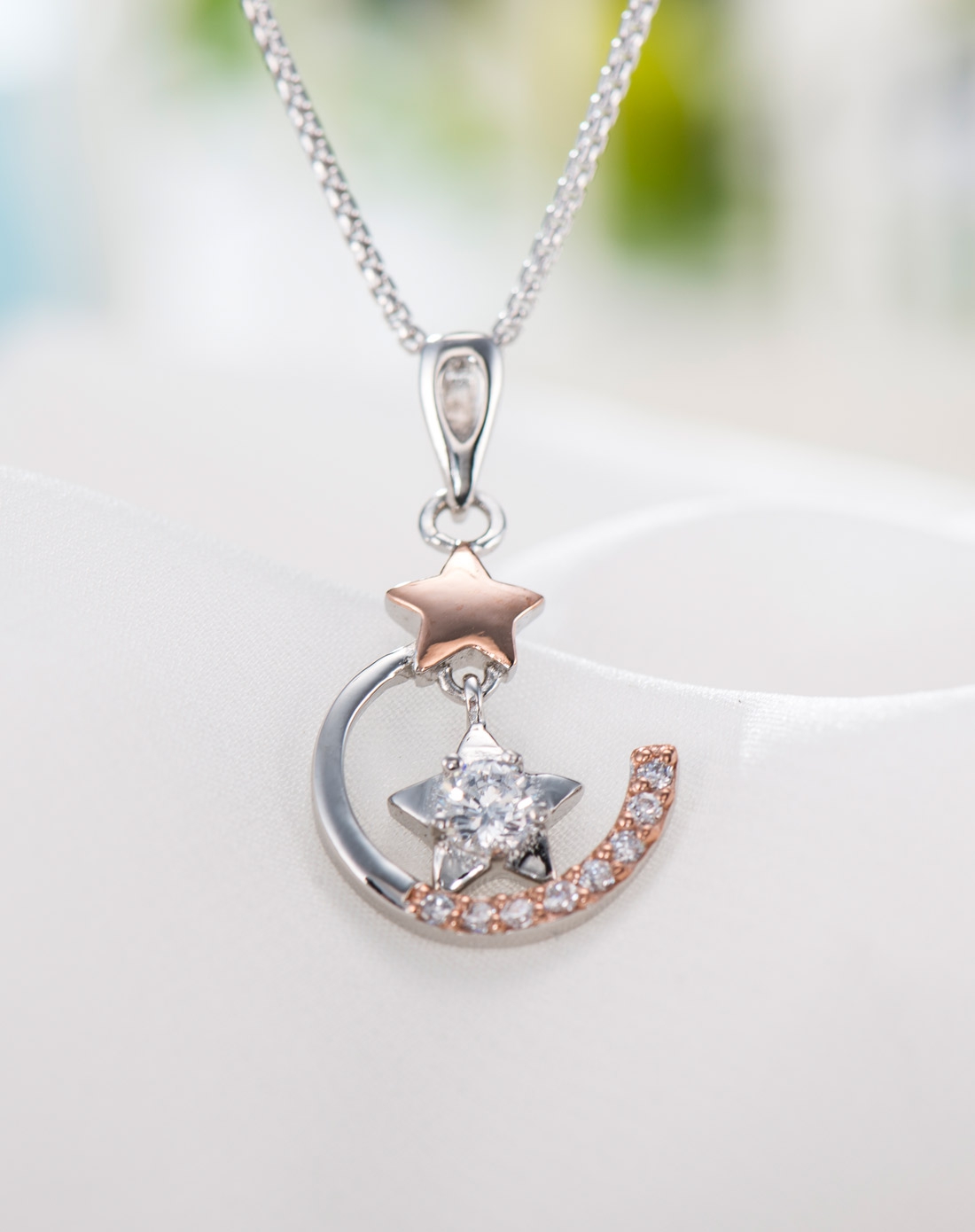 银时代 925纯银星星月亮纯银吊坠 双色吊坠 项链
