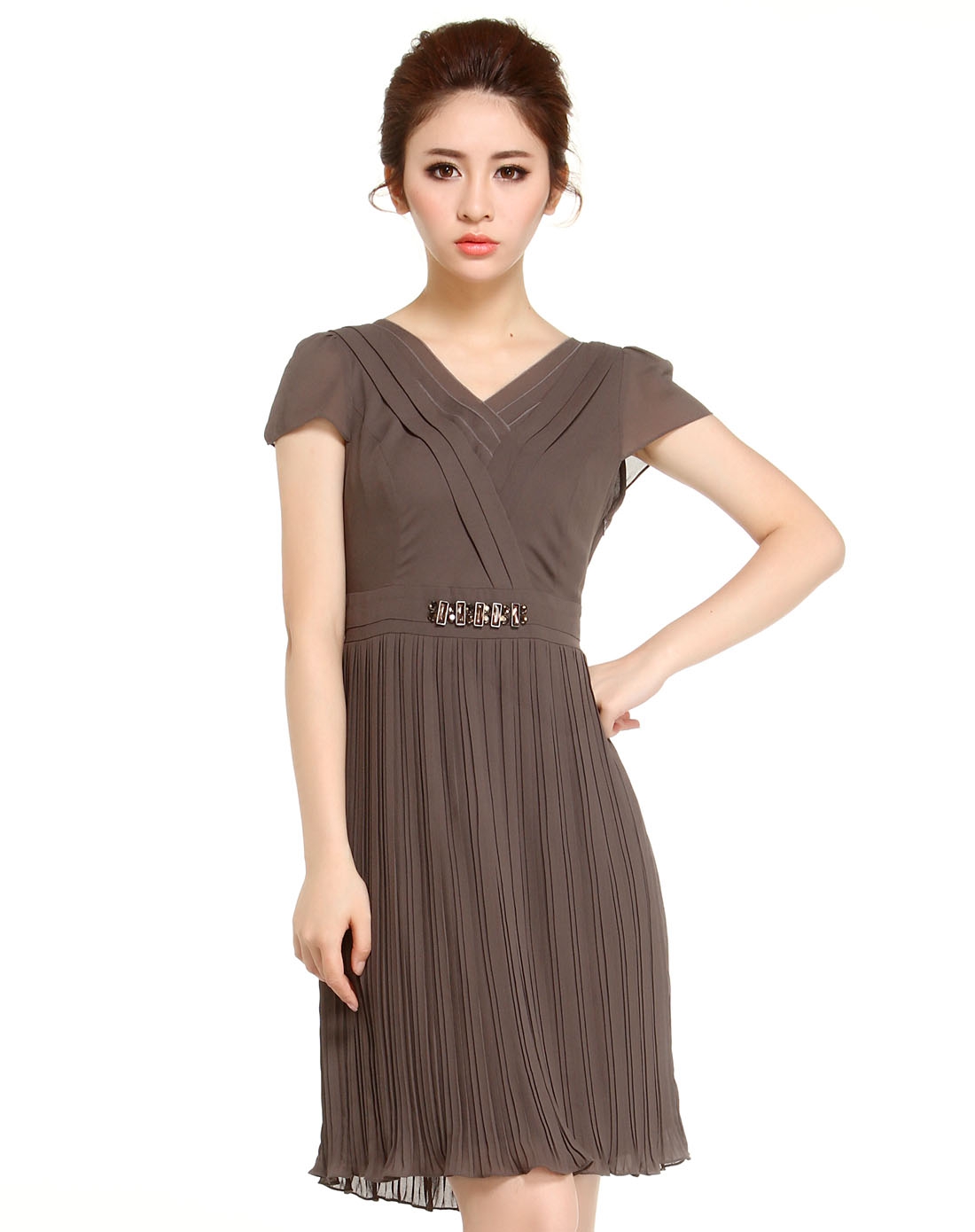 深灰色贴钻优雅雪纺短袖连衣裙