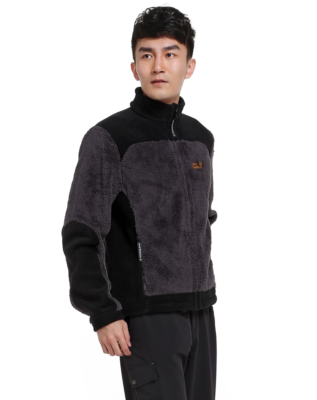 狼爪jackwolfskin 男款灰黑色抓绒休闲拉链长袖卫衣