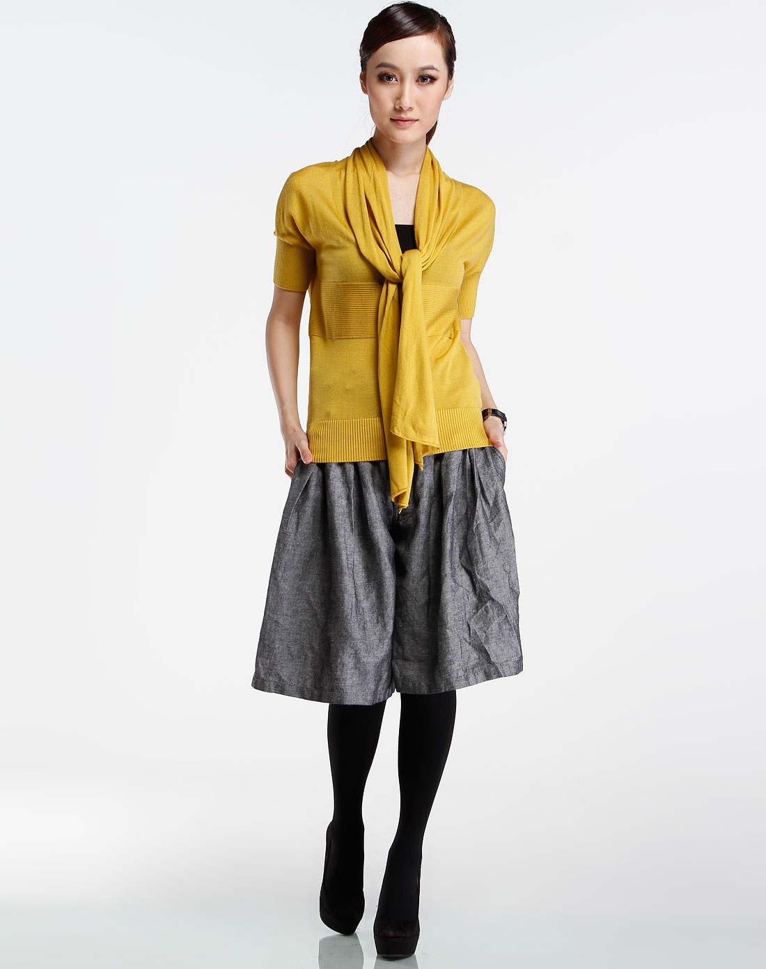 希色myscissors 黄色个性短袖针织衫