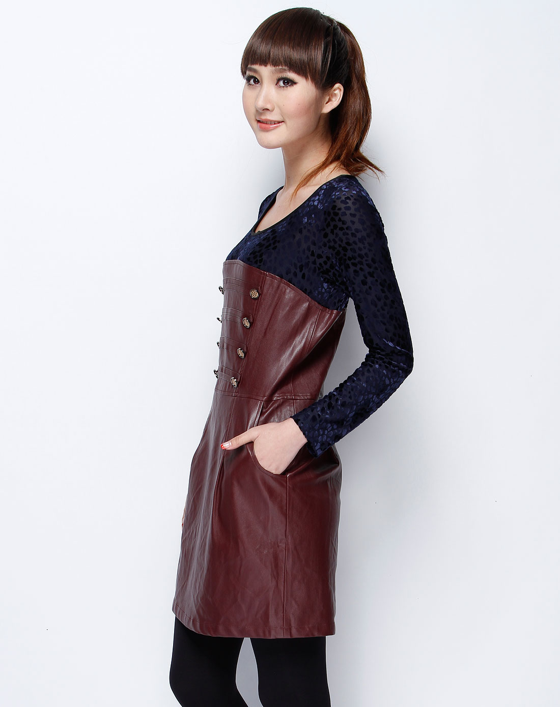 酒红/深蓝色拼接长袖连衣皮裙