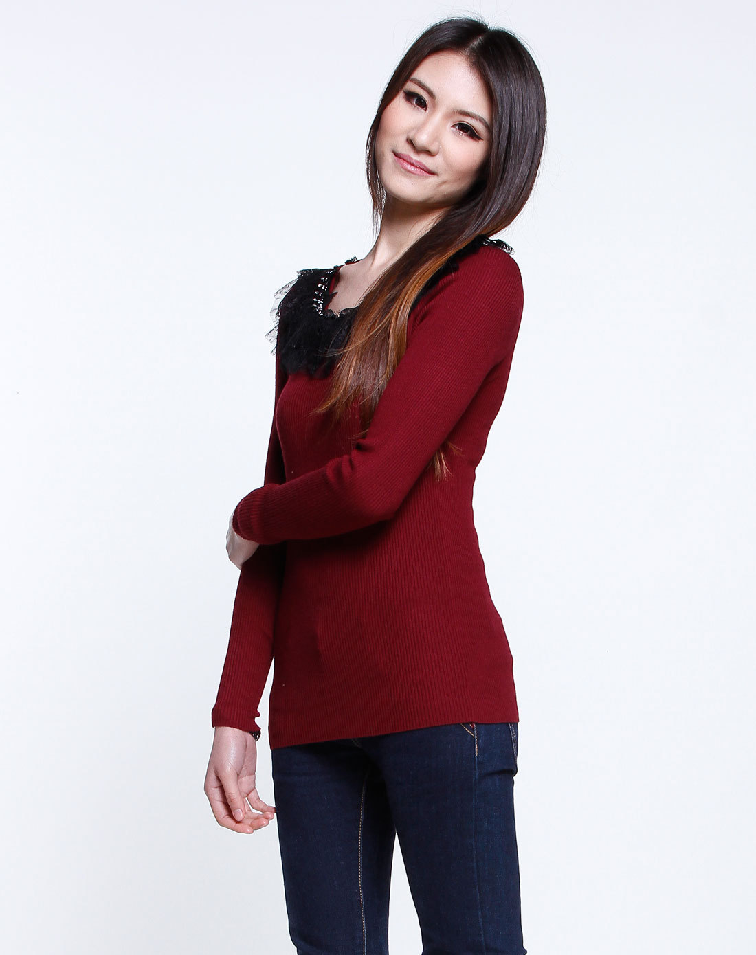 深枣红/黑色蕾丝花边镶钻长袖针织衫