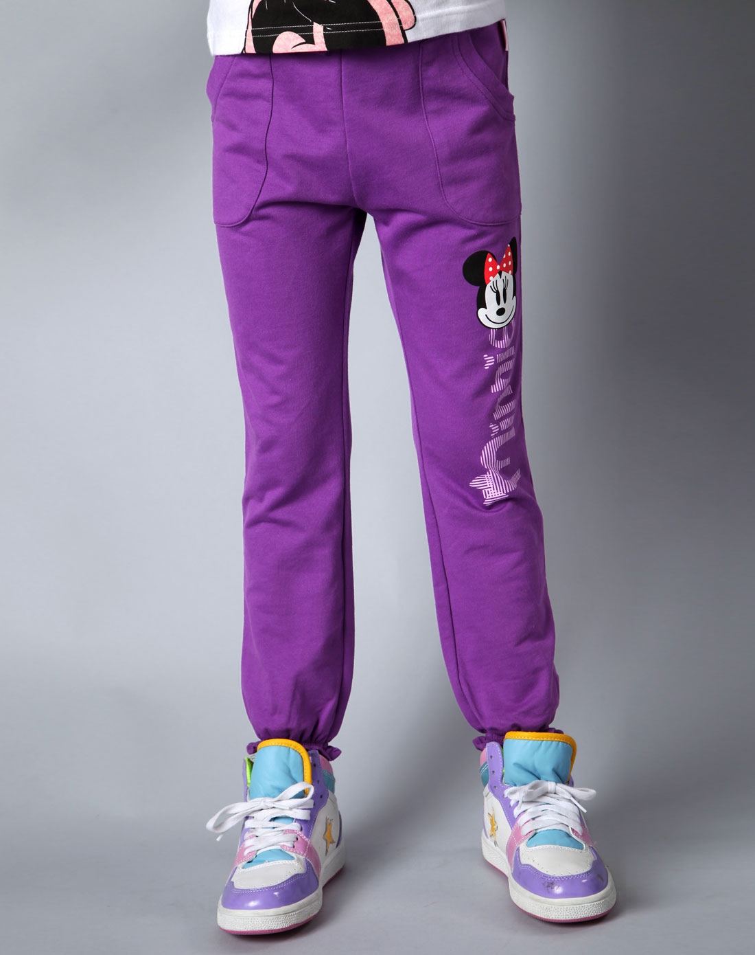 女童粉紫色纯棉运动裤