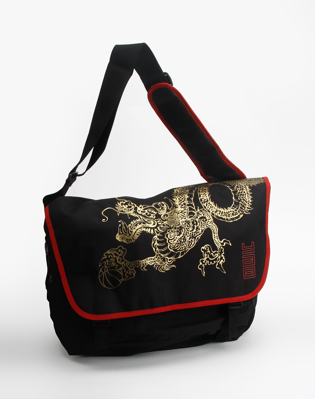 reebok 黑色精美龙图案斜挎包