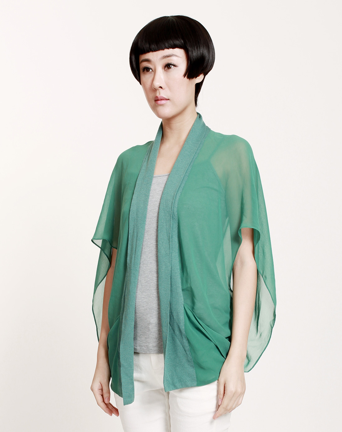 绿色雪纺拼接开襟蝙蝠袖针织衫