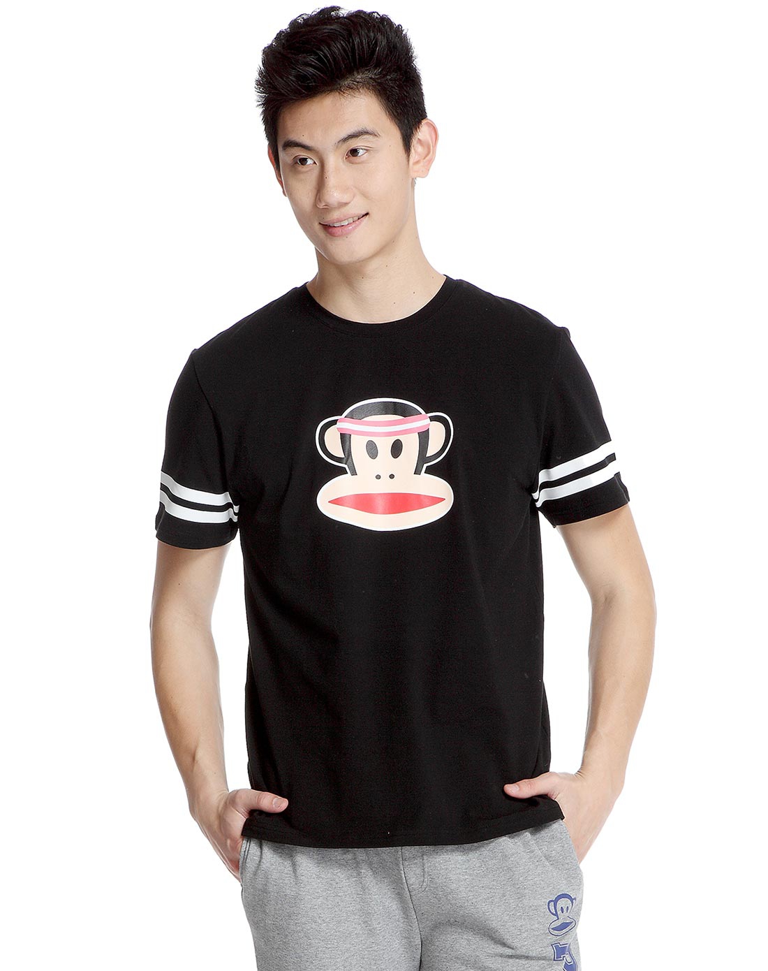 男款运动大嘴猴印图黑色短袖t恤