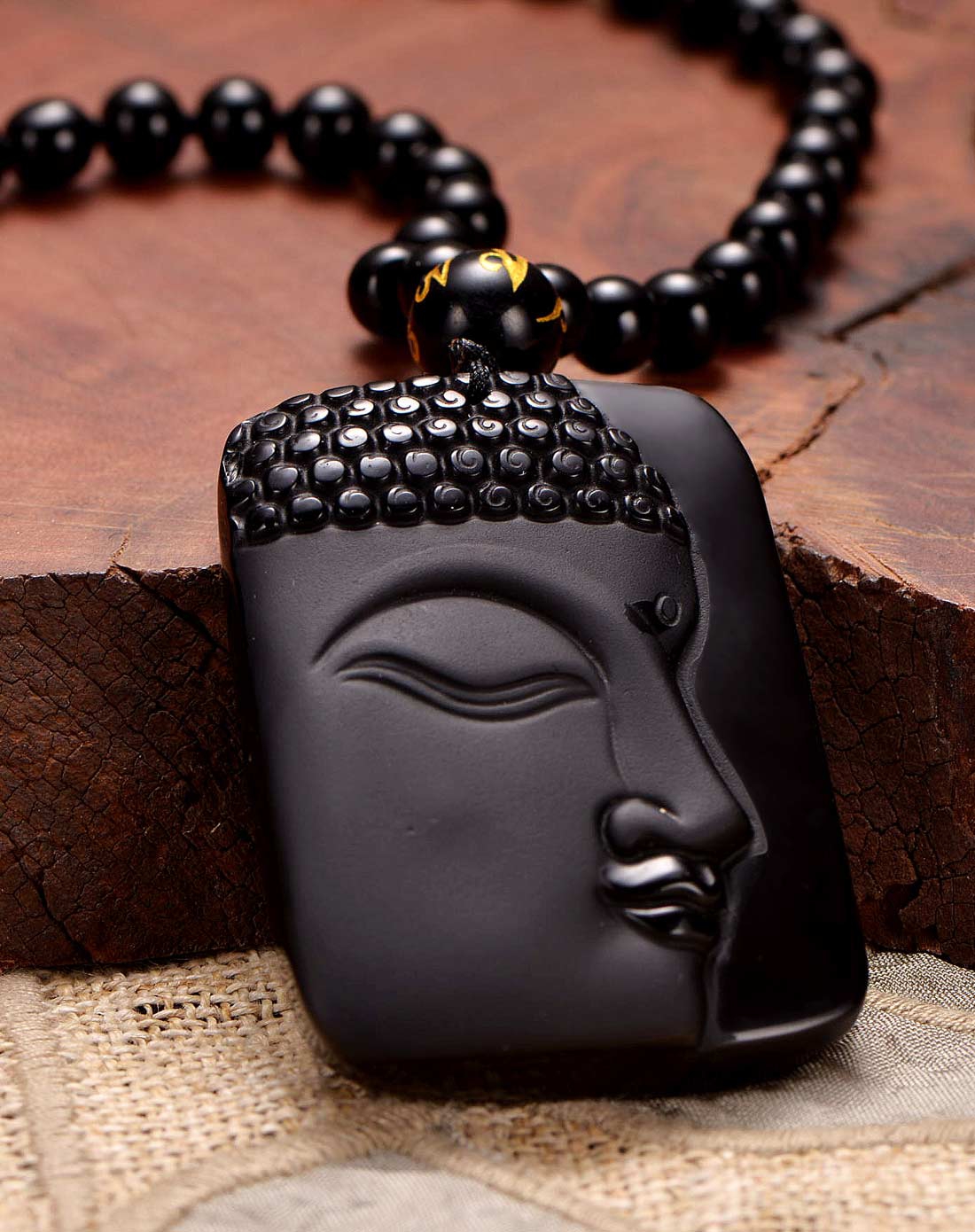 天然黑曜石释迦摩尼半面佛头项链附证书