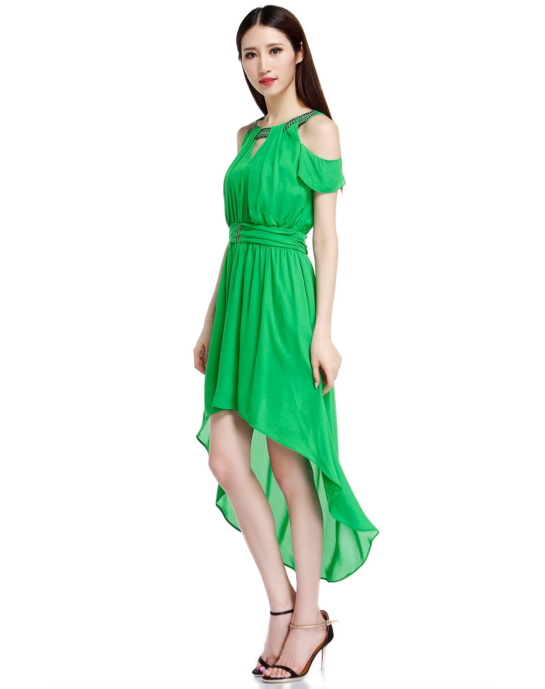 绿色铆钉时尚露肩短袖连衣裙