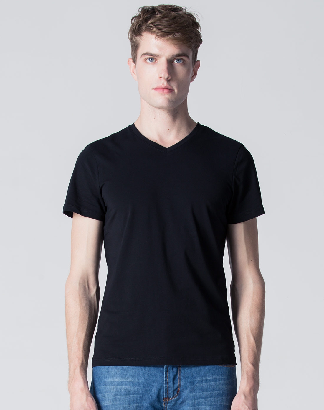 黑色v领弹力短袖t恤