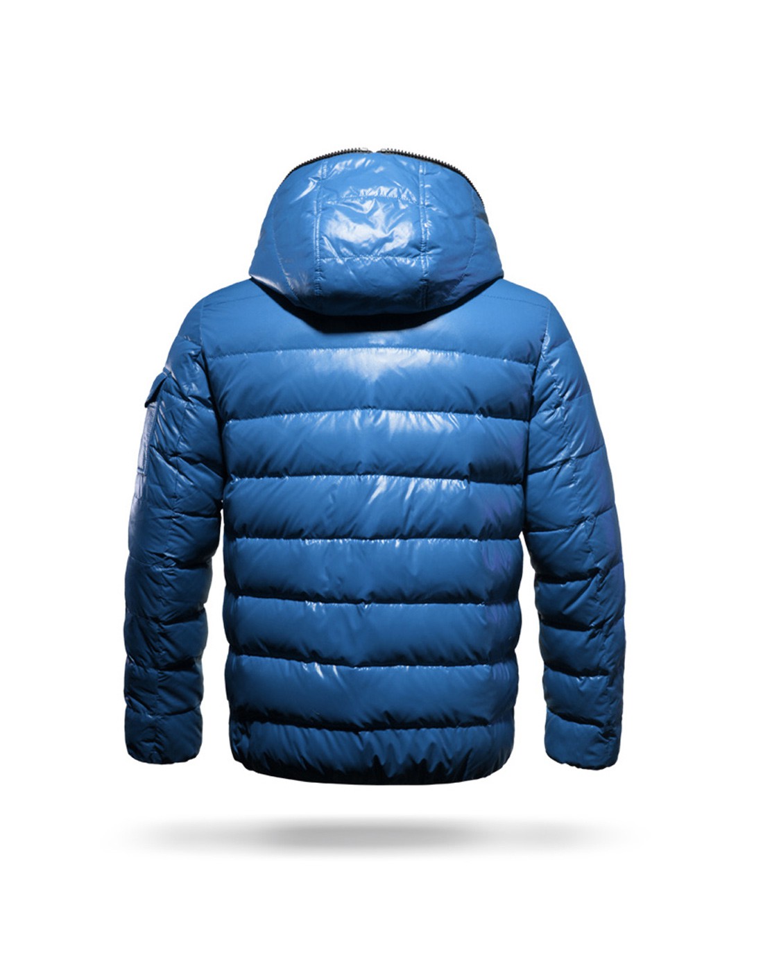 男款炫彩蓝休闲连帽短款羽绒服