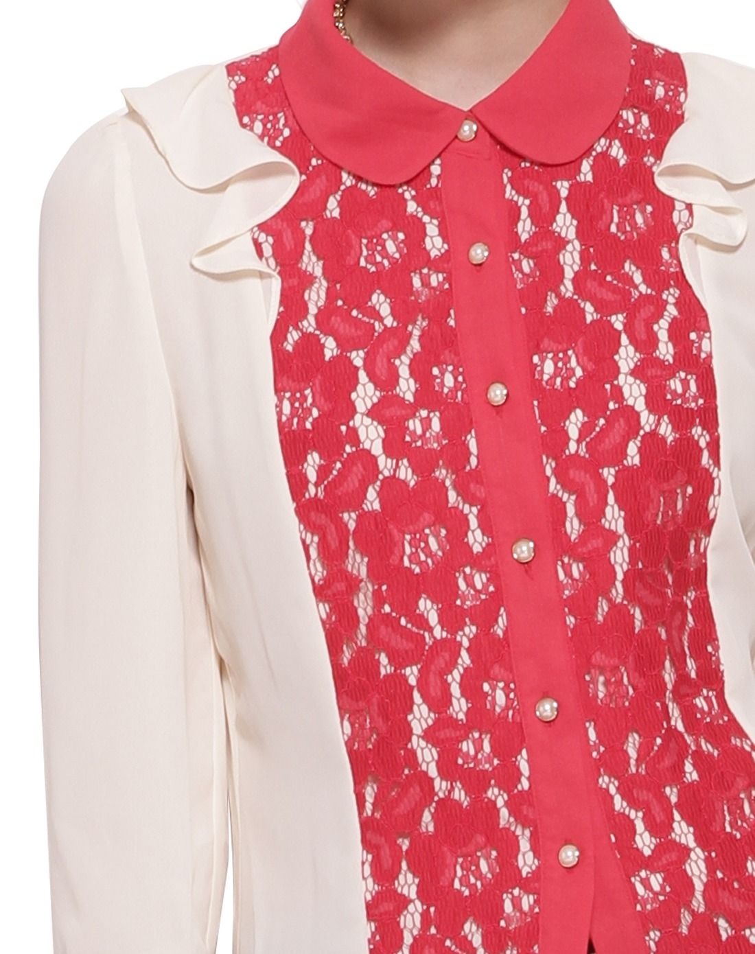 杏/红色蕾丝拼接百搭七分袖衬衫