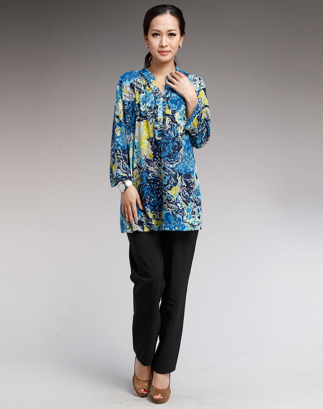 菁夫人kingfovlun 蓝色时尚九分袖上衣