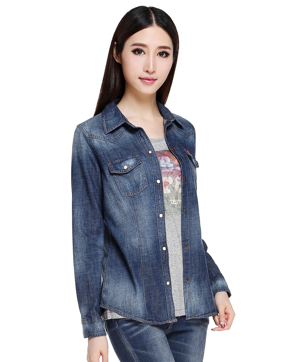 女款灰蓝色休闲都市长袖牛仔外套