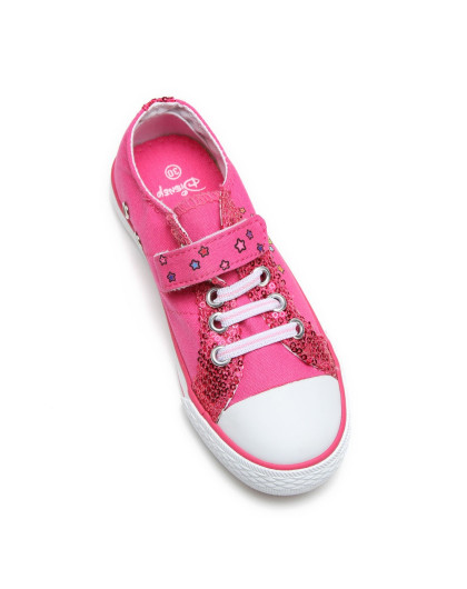童玫红色钉珠片印图帆布鞋