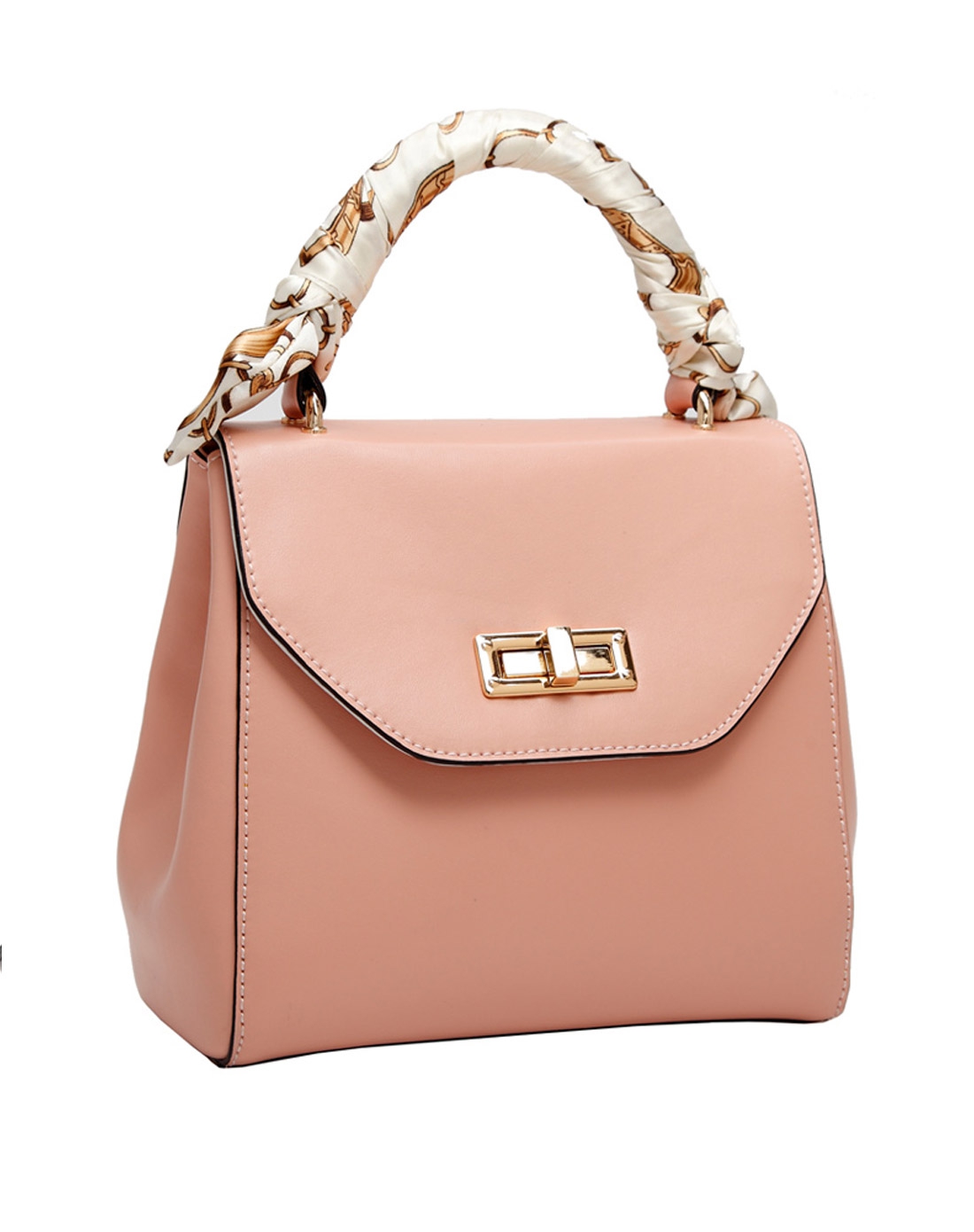 女款粉色手提斜挎甜美丝巾装饰包