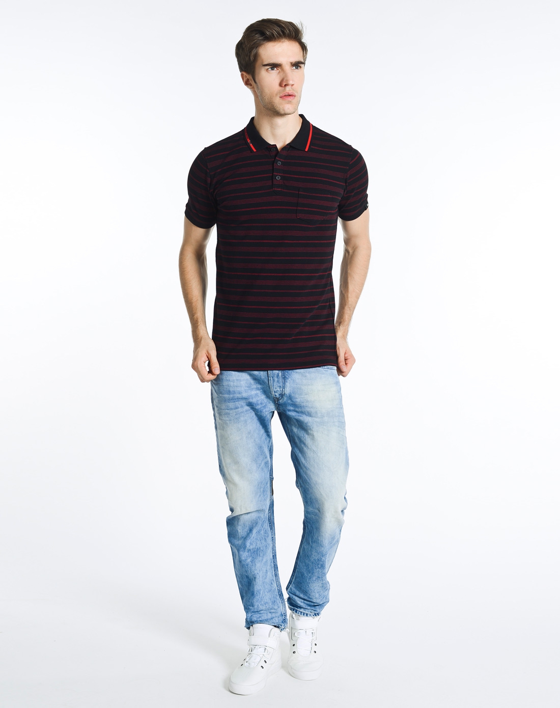 diesel男士服装精品专场男款时尚条纹红黑色短袖polo衫00chf000inx