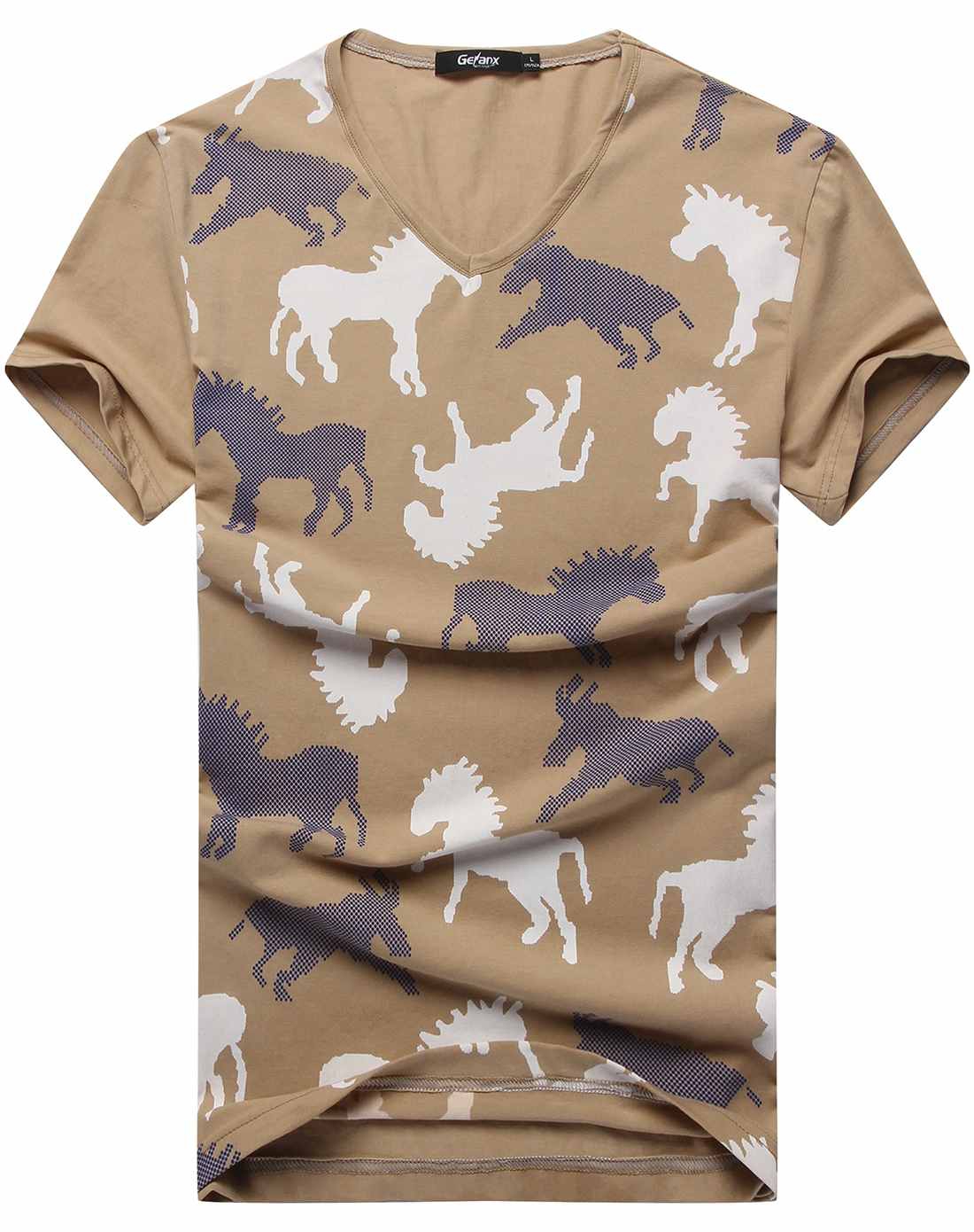 男士土黄色时尚型男动物花纹短袖t恤