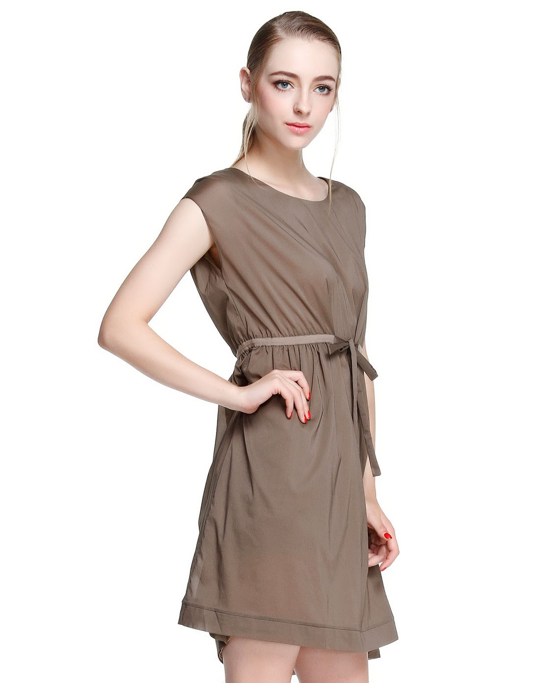 公主风茶咖色短袖连衣裙