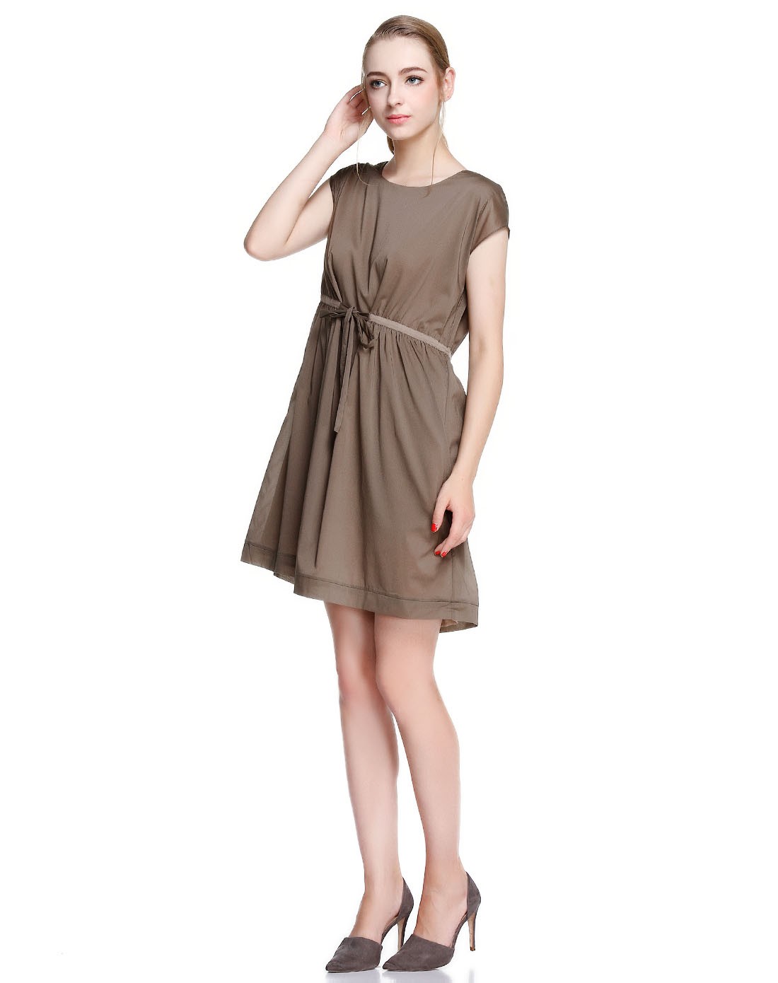 公主风茶咖色短袖连衣裙